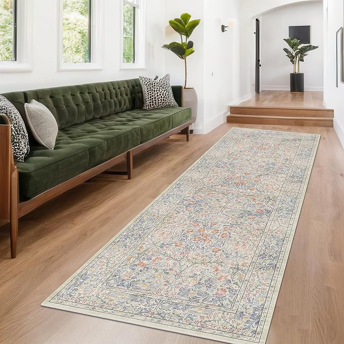Vintage Beige Blue 3x10 Runner Rug