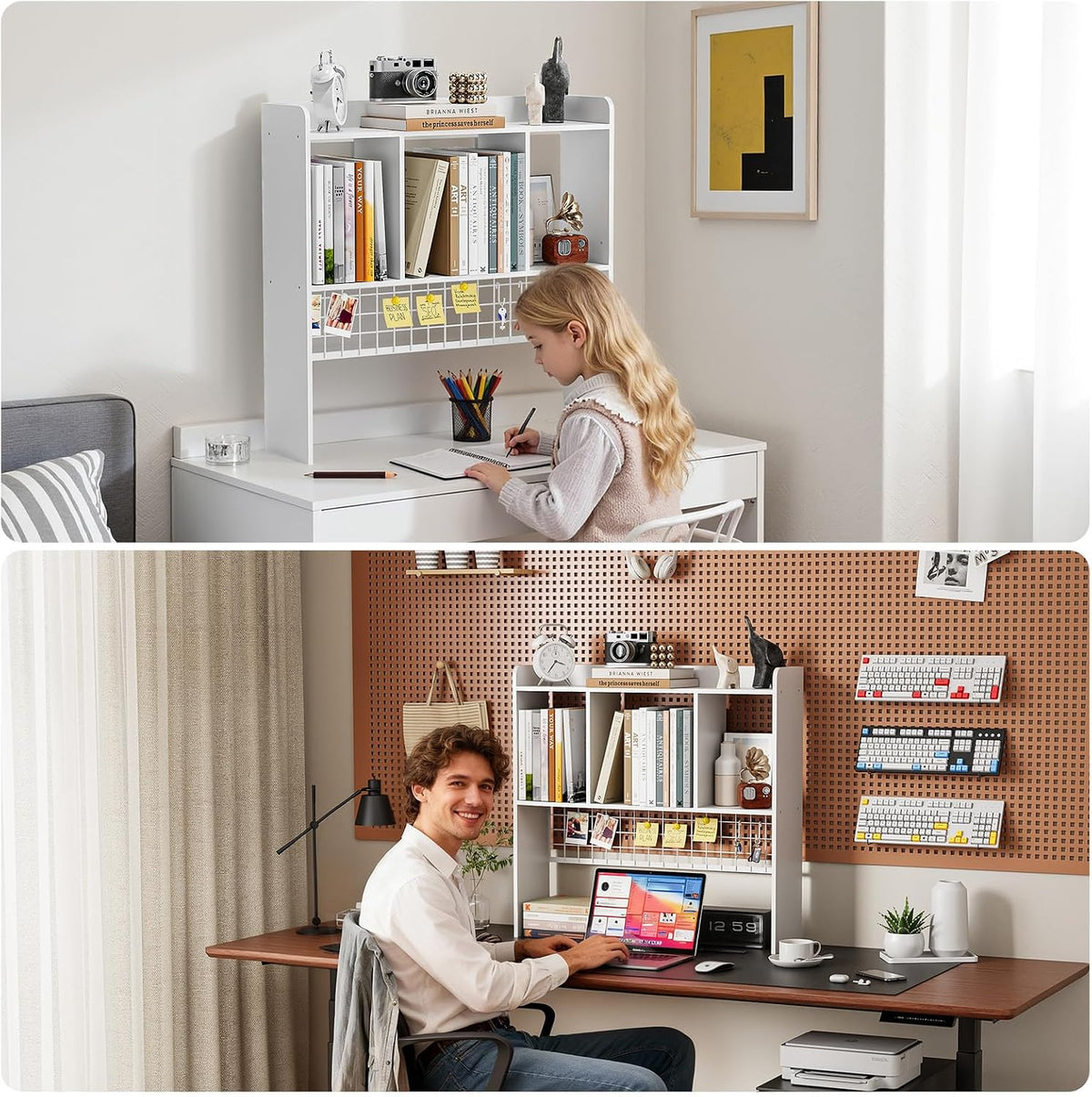 Desktop Bookshelf,Desk Hutch with 3 Shelves for Computer,White
