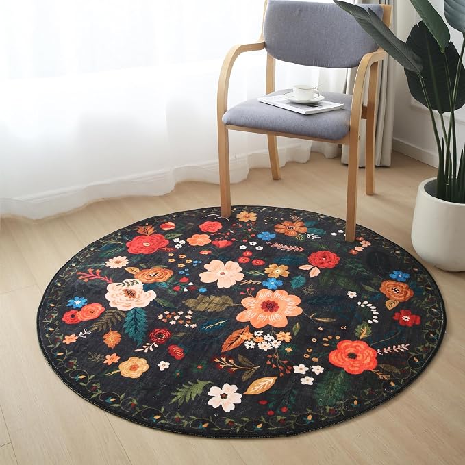 Rugcomf Round Rug 6ft Washable Circle Rug Non Slip Low Pile Boho Floral Small
