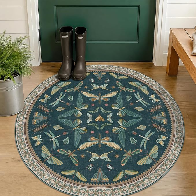 Teal Boho 4ft Round Area Rug, Washable Non Slip Insect & Floral Carpet