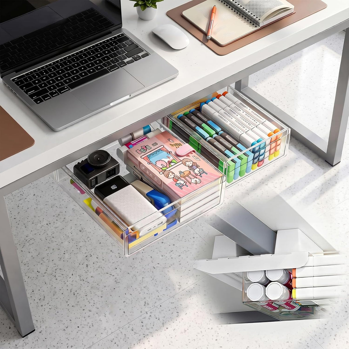 TooCust 2-Pack Under Desk Drawer for Desk with Frame & Beam, Fits Where Standard Drawers Can't, 52mm Heightened Slide Out Organizer, Dual Adhesive or Screw Mount, Clear PET Under Table Storage