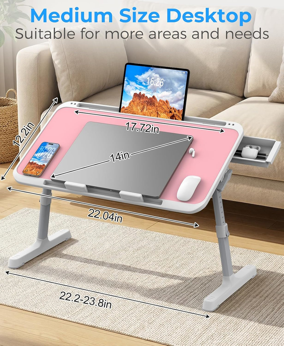 HETTHI Laptop Bed Tray Table, Adjustable Sturdy Laptop Stand for Bed with Premium Materials, Folding Portable Lap Desk with Drawer for Writing Working Reading Eating Couch Floor (Pink, 22.04"×12.2")