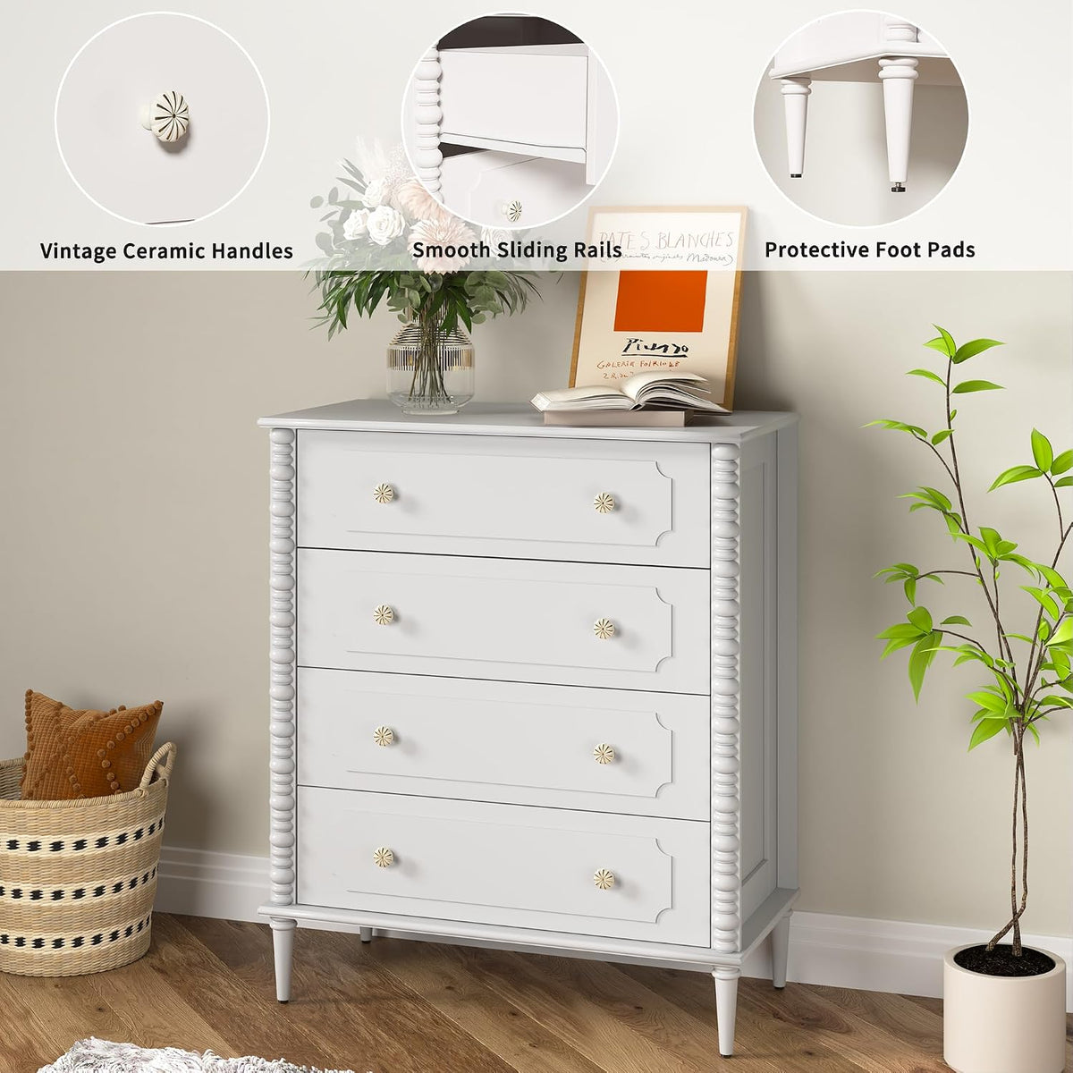 Dresser for Bedroom, 37" Tall Dresser with 4 Drawers, White