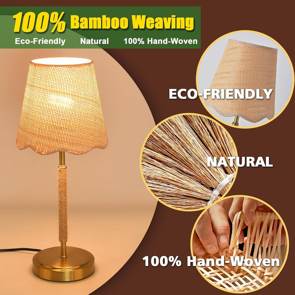 Boho Table Lamp for Bedroom, Touch Control Bedside Table Lamp with Brass Gold Base, Rattan Small Table Lamp for Small Space, Boho Lamp Rattan Lamp, Rustic Desk Lamp for Kitchen Counter, Nightstand