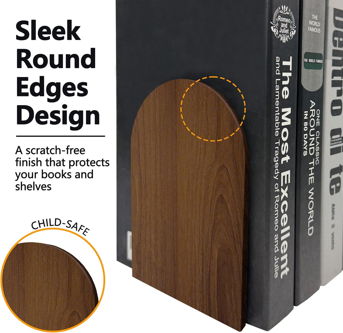 Brosisincorp Walnut Wood Large Book Ends for Shelves, Non-Skid Pad, 2 Pairs
