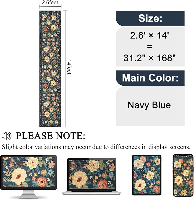 DUKINO 2.6x14 Kitchen Runner Rug, Lightweight Floral Washable Rug