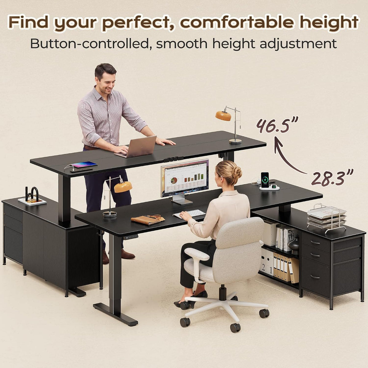 PRAISUN 63'' L Standing Desk with Outlets, Cabinet with Shelves, Drawers