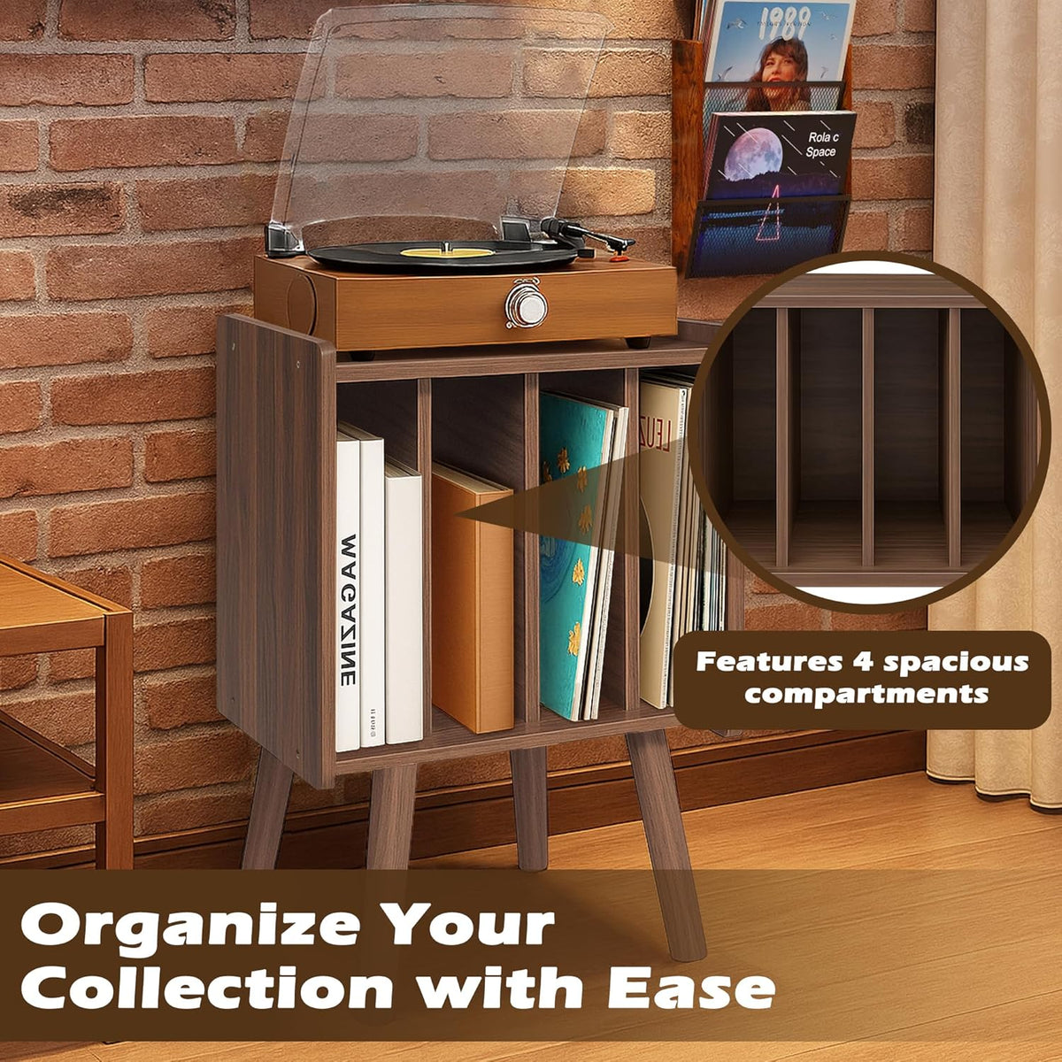 Record Player Stand, Vinyl Record Storage Table with 4 Cabinet, Mid Century Modern Turntable Stand, Organizer Vinyl Table for Bedroom Living Room, Walunt
