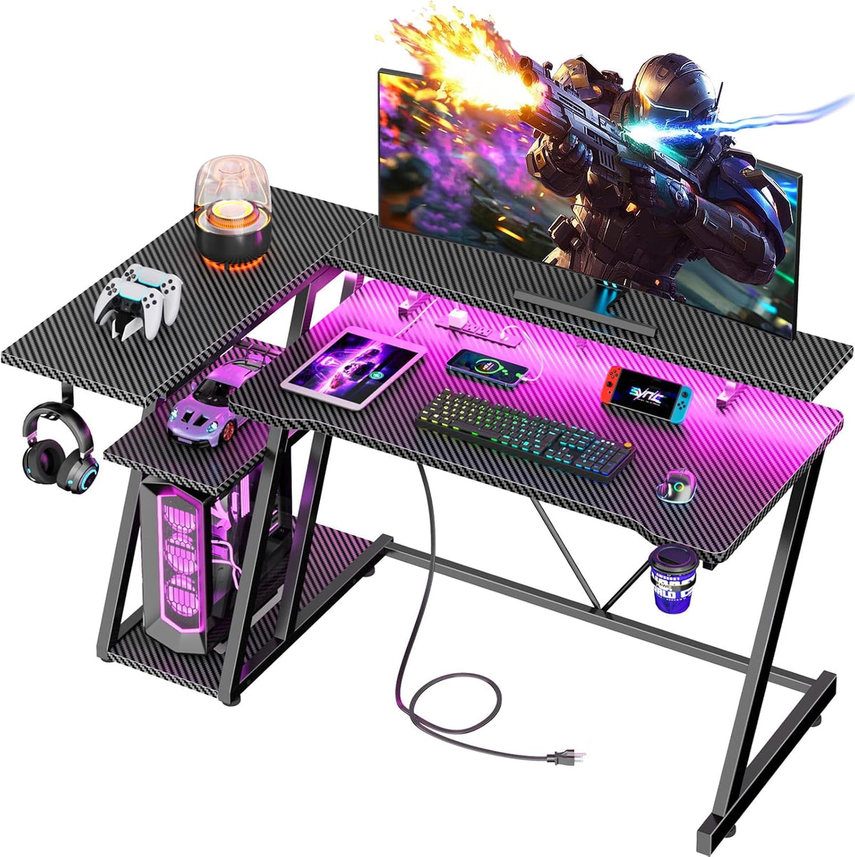 Korfile 47 Inch Gaming Desk with Power Outlet, LED, Carbon Fiber Black