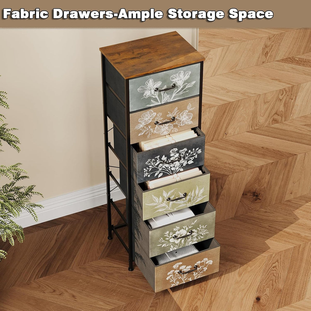 Tohomeor Vintage Dresser Vertical Nightstand with Neutral Botanical Plant Fabric Chest Drawers for Closet Bathroom Storage Tower Unit Bed Side Organizer Farmhouse Rustic (Rustic Brown, 6 Drawers)