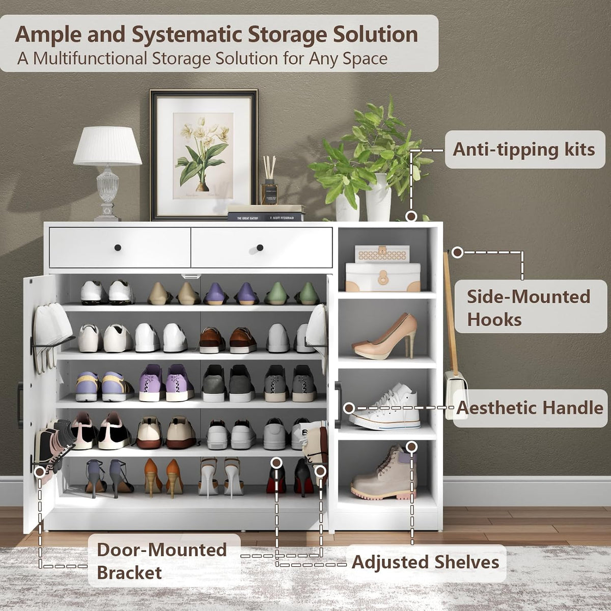 Loomie 5-Tier Shoe Cabinet with 4 Side Cubbies, Farmhouse Shoe Rack Cabinet with 6 Adjustable Shelves & 2 Drawers, Freestanding Shoe Storage Cabinet with 4 Brackets & 2 Hooks for Entryway (White)