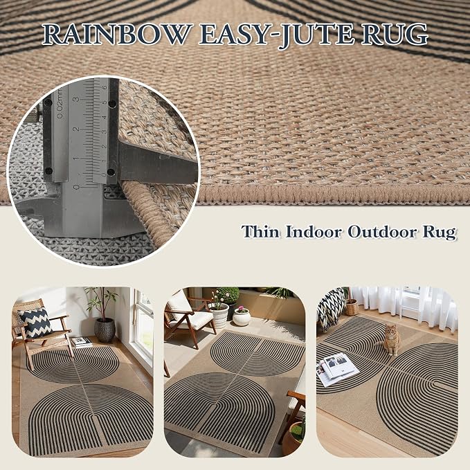 Lahome Enfys Modern Rainbow Easy Jute Office Rug, Outdoor Patio Rug 4x6