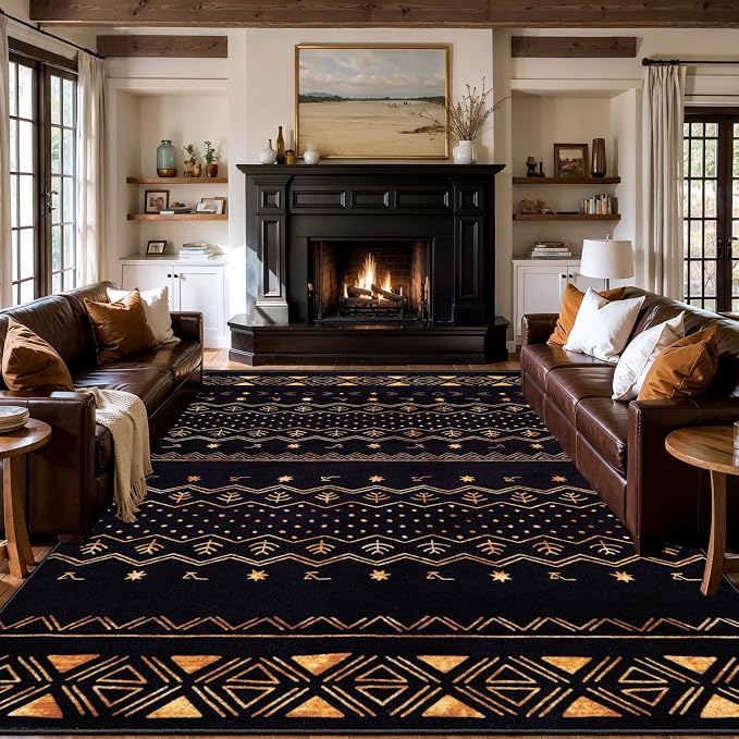 SERISSA 9x12 Area Rugs for Living Room, Washable Non-Slip Black and Gold Boho