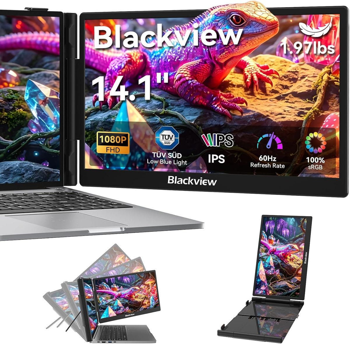 Blackview Laptop Screen Extender, 14" 1080P FHD IPS Portable Monitor, Ultra-Slim Travel Dual Monitor Fit for 13"-17.3" Laptops, USB-C Plug &Play Extended Screen for Windows/Mac/Android/Switch