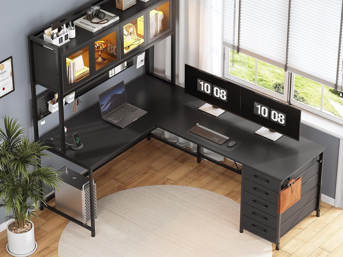 SEDETA L Shaped Gaming Corner Desk with Drawers, Hutch and Storage Shelves
