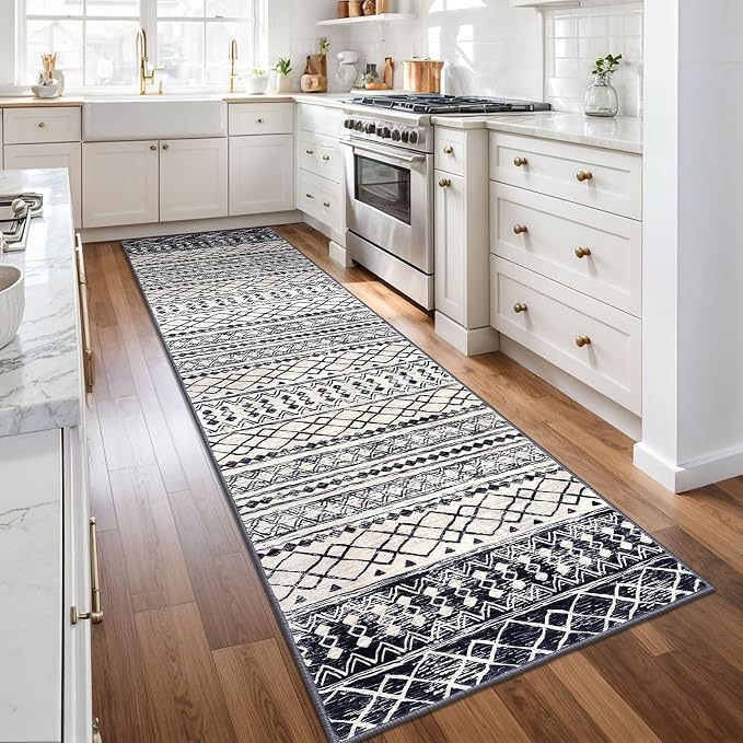 KUTA Moroccan Washable Runner Rug, 2.6x10 Non-Slip Vintage Black Navy Blue Boho