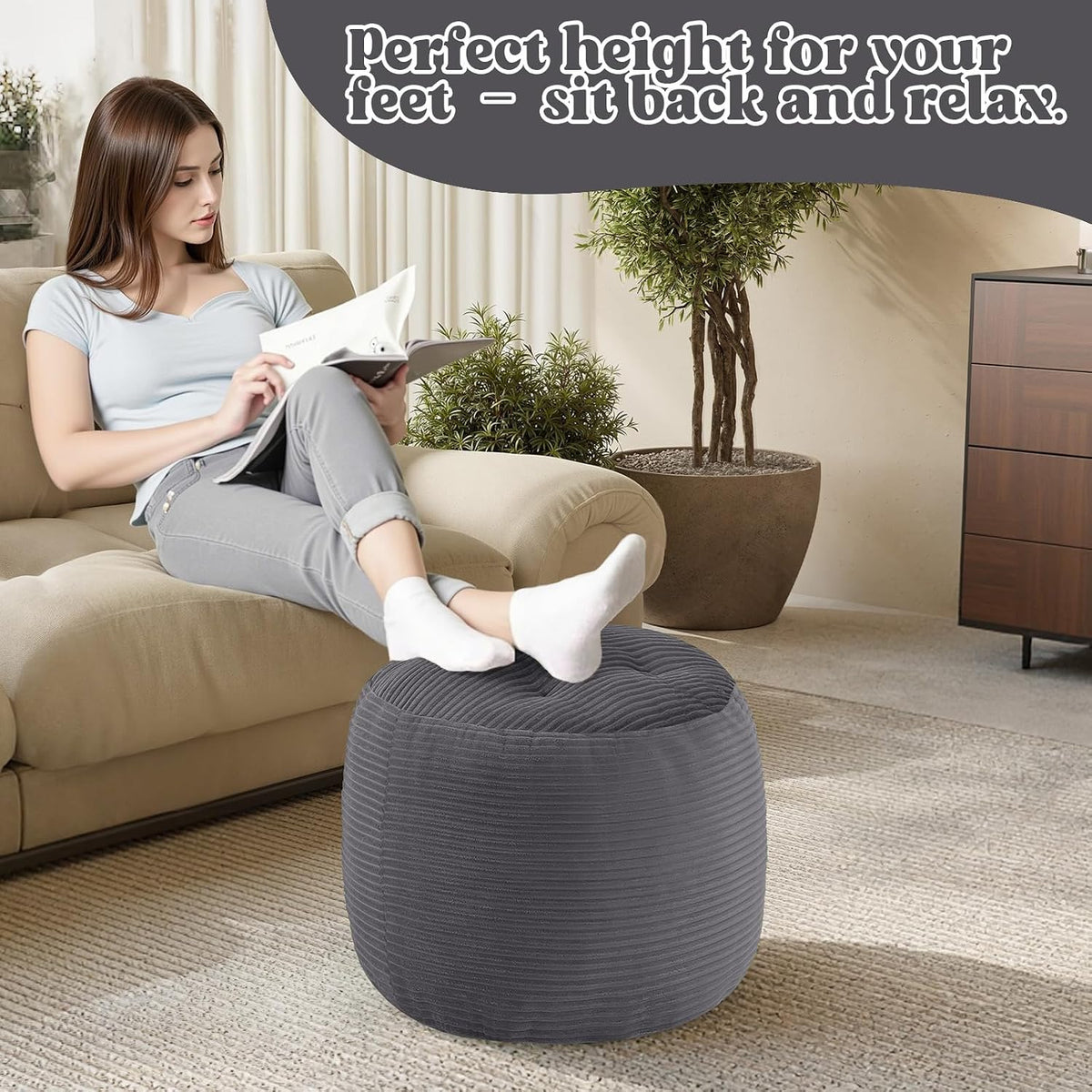 MeMoreCool Round Pouf Ottoman 20x15 Inch, Corduroy Footstool, Dark Grey