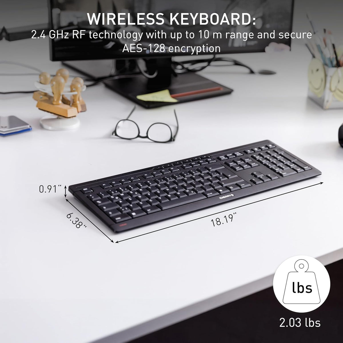 Cherry Stream Keyboard Wireless, Cordless Keyboard, 2,4 GHz Connection, Whisper Quiet Keys, Slim Design, Battery-Powered, SX Scissor Switches, QWERTY, Black
