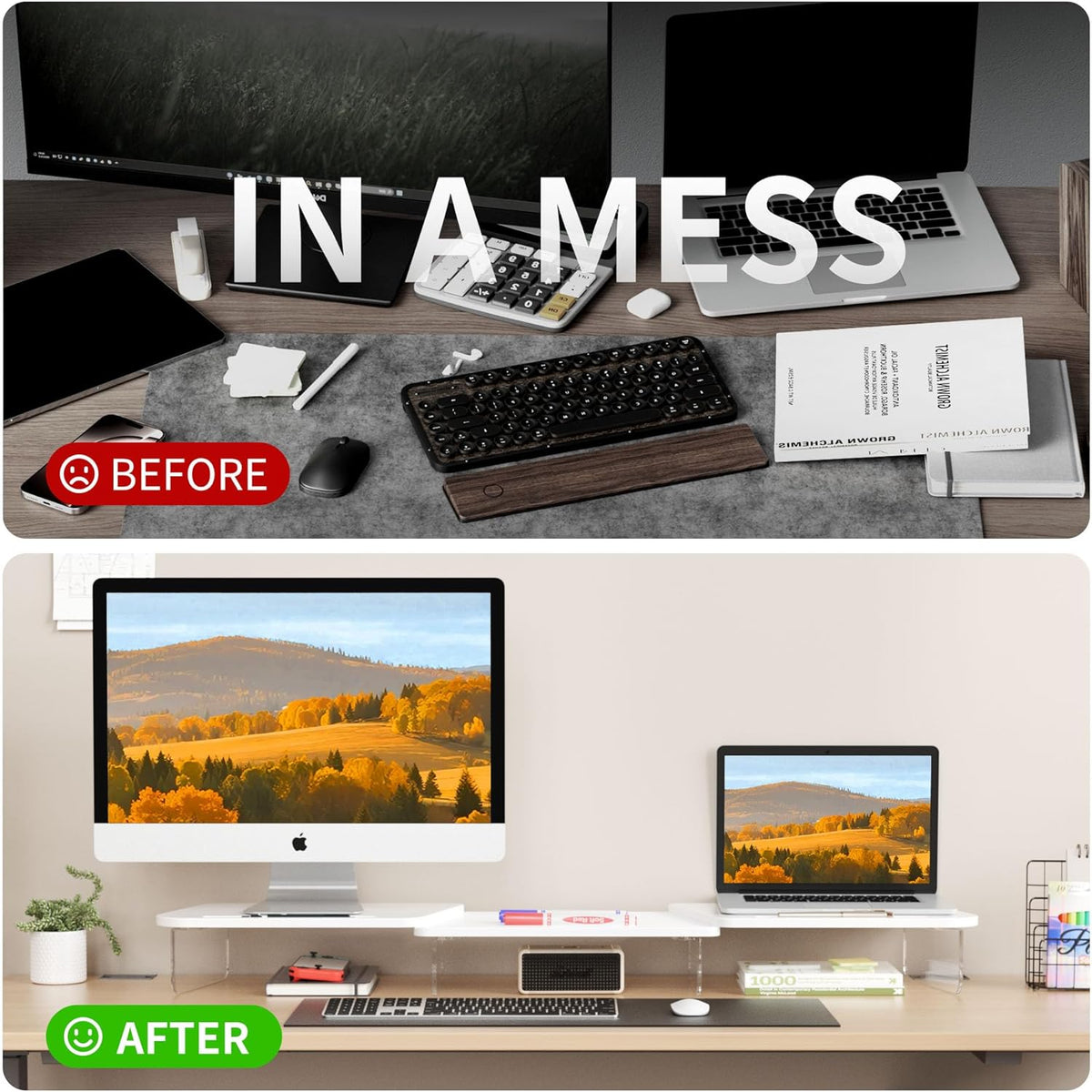 AFOOYO LED Dual Monitor Stand Riser for 2 Monitors,Office Desktop Wooden Stand Adjustable Length and Angle 3 Shelf (White)