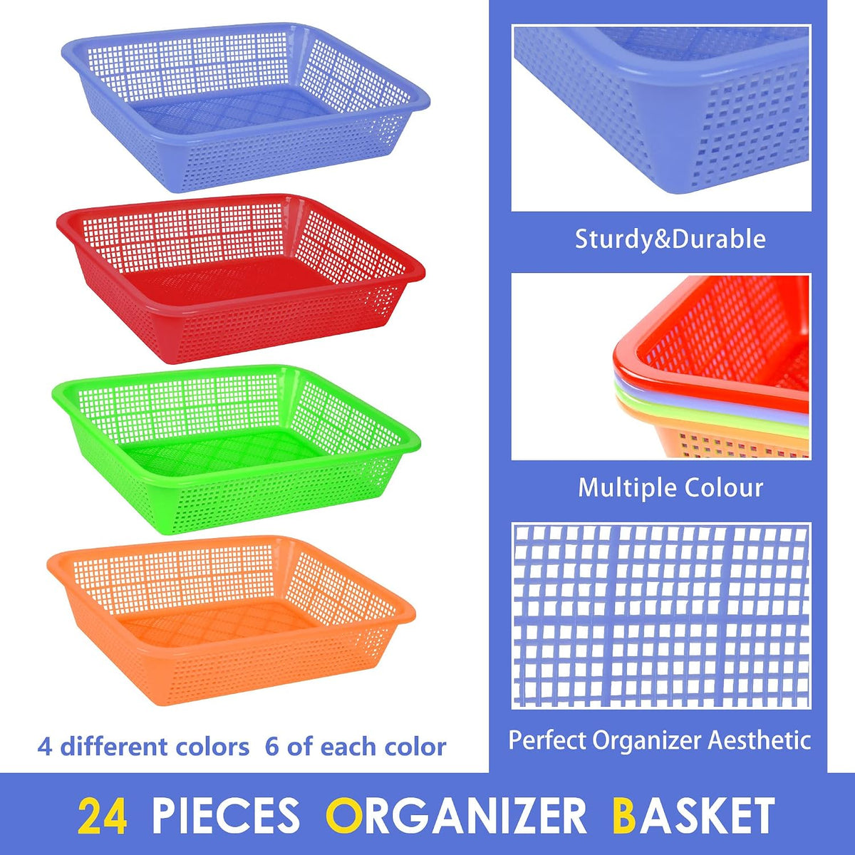 Kolewo4ever 24 Pack Classroom Storage Baskets Pencil Organizer Bins 13.5 x 10 x 3 Inch Paper Trays Basket Plastic Book Basket for Classroom Library Organizer