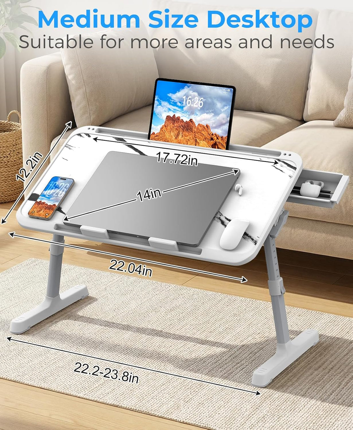 HETTHI Bed Laptop Table Adjustable Foldable Laptop Stand 22.04×12in Marble