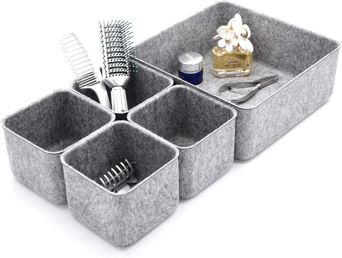 Welaxy Desk Organizers Storage bins Set Office Drawer Organizers Pen holder pencil cup phone stand sticky note storage Closet Cabinet boxes Organizing 5-piece Pack (Gray)