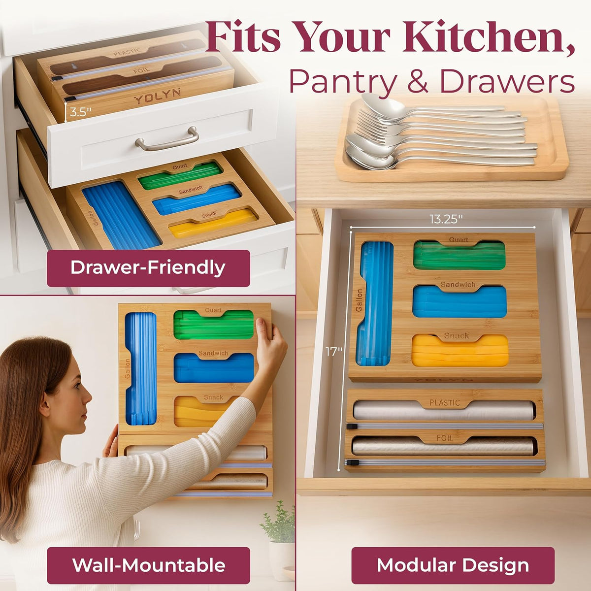 Bamboo Food Storage Bag Organizer for Drawer with Foil & Plastic Wrap Dispenser – Premium Detachable Kitchen Organizer for Gallon, Quart & Sandwich Bags