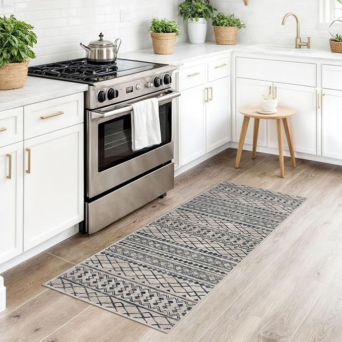 KUTA Boho Kitchen Rug 2x5 Light Brown Black Moroccan Washable Runner Rug