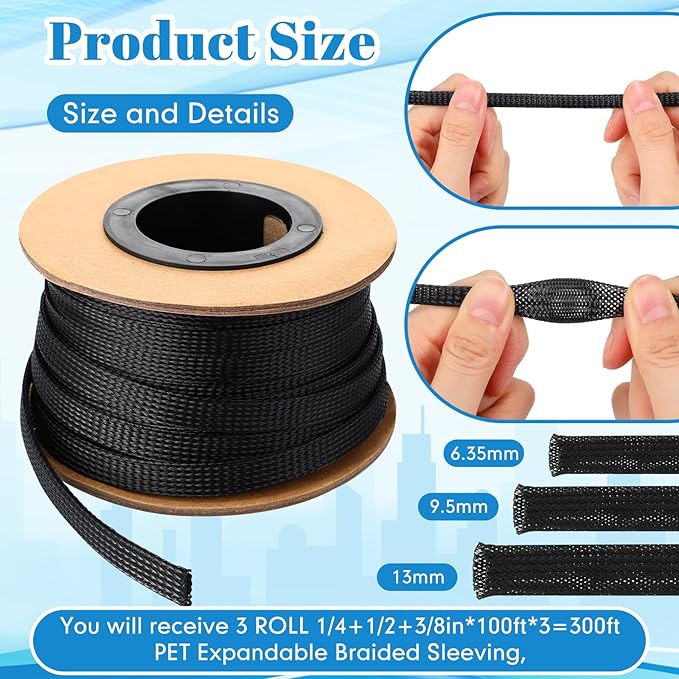 Pangda 300 Feet 1/4, 1/2, 3/8 Inches Wire Loom PET Expandable Braided Sleeving Braided Sleeve for TV, Computer, Home Theater(Black)