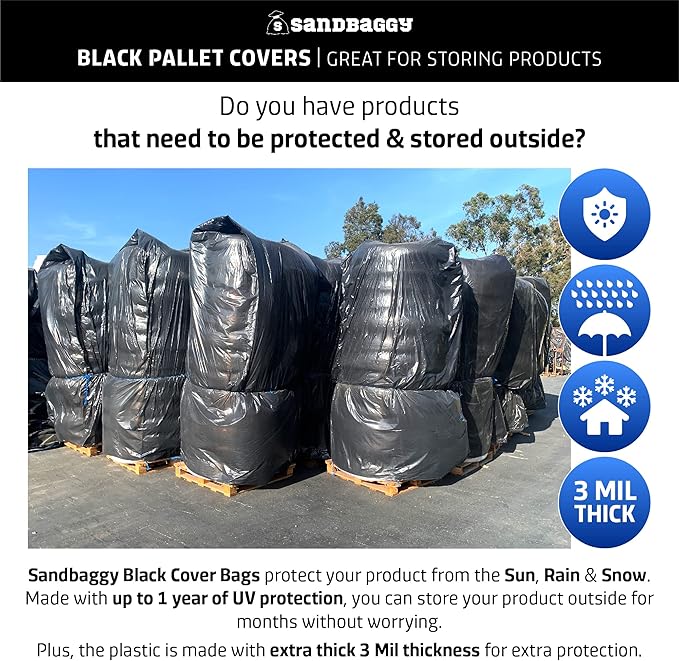 Sandbaggy Black Pallet Covers | Made in USA | Tarp Fits Large Pallets Up to 55" x 55" x 75" | Built w/ 1 Year UV Protection | Heavy Duty 3 Mil Thick Plastic (Pack of 100, 3 Mil Thick)
