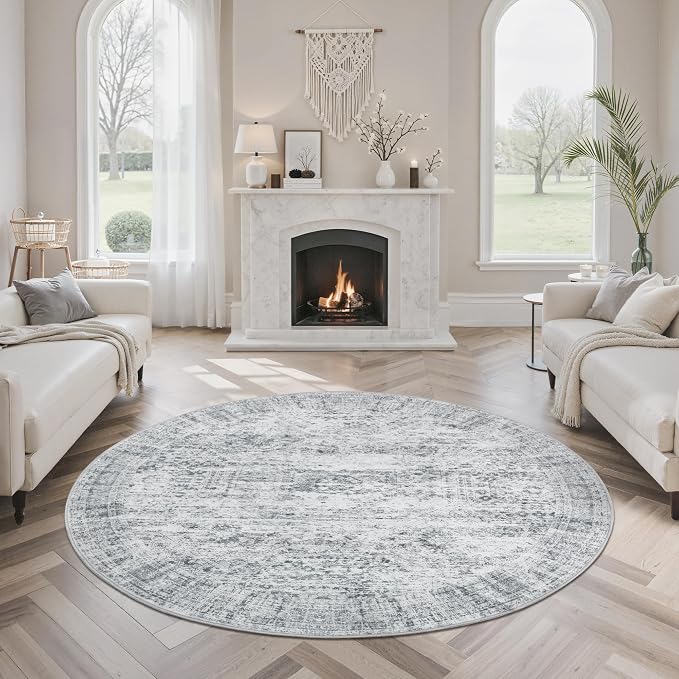 Soalmost 5x5 Grey Round Rug 5ft Living Room Circle Rug Vintage Gray Round Area
