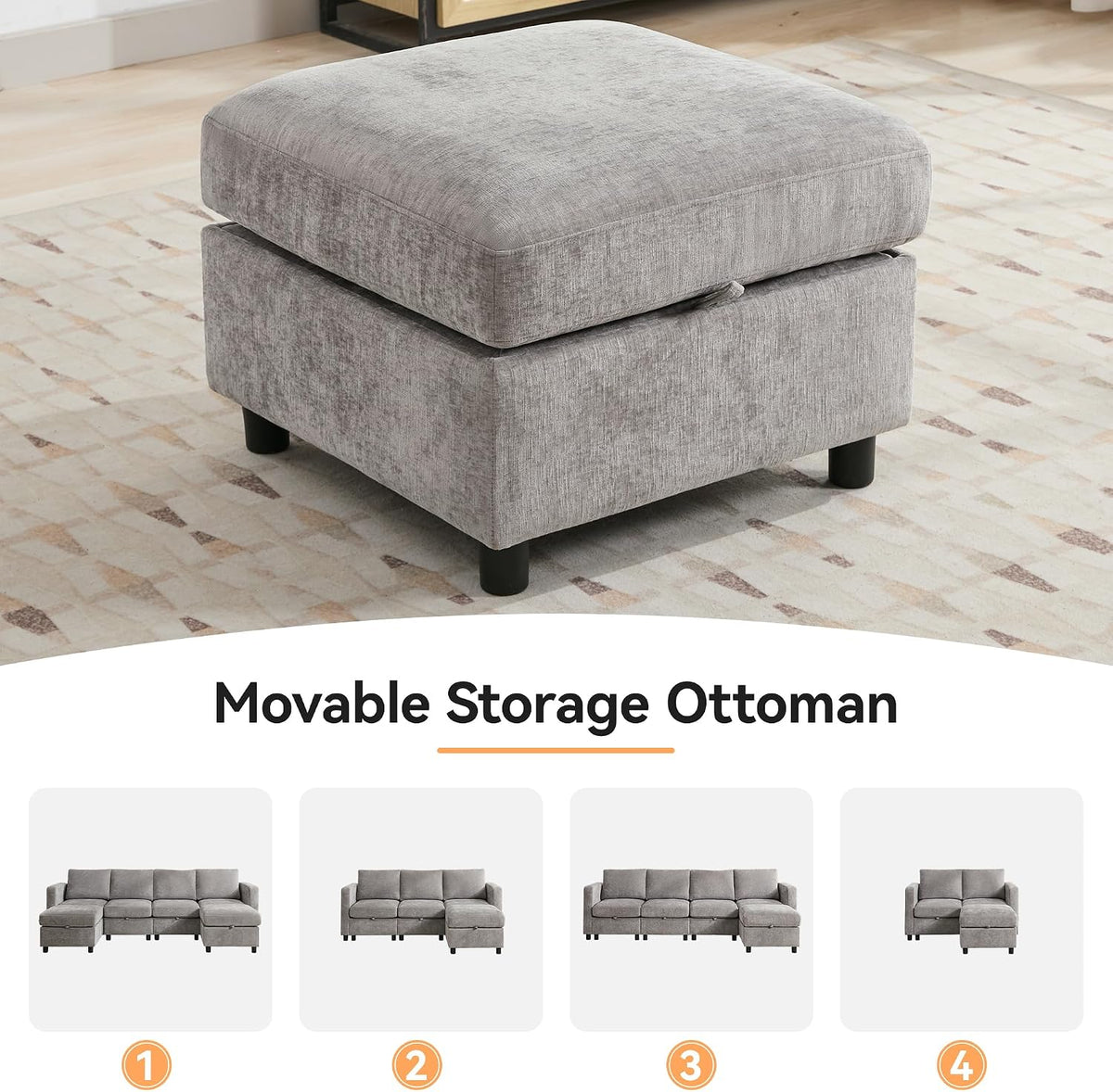 WUTUTUEE 25”Square Storage Ottoman Module for Modular Sectional Sofa, Living Room Coffee Table Sectional Ottoman Footrest for Convertible Couch, Chenille Light Grey