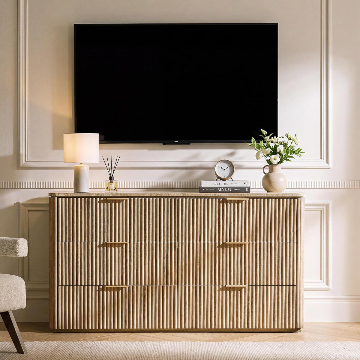 54"W Fluted 6 Drawer Bedroom Dresser, with Faux Marble Top,Natural Oak