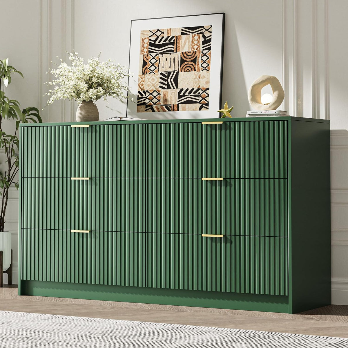 MAISONARIA 55" Wide Fluted 6-Drawer Double Dresser for Bedroom, Green