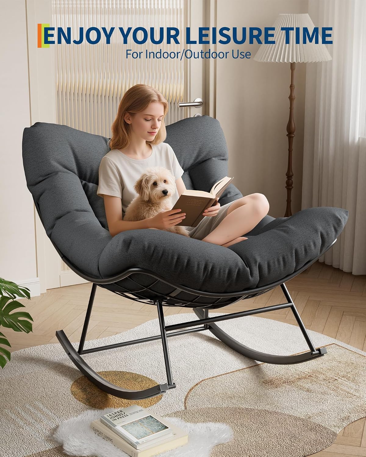 GarveeLife Outdoor Papasan Rocking Chair for Balcony Backyard Porch Bedroom
