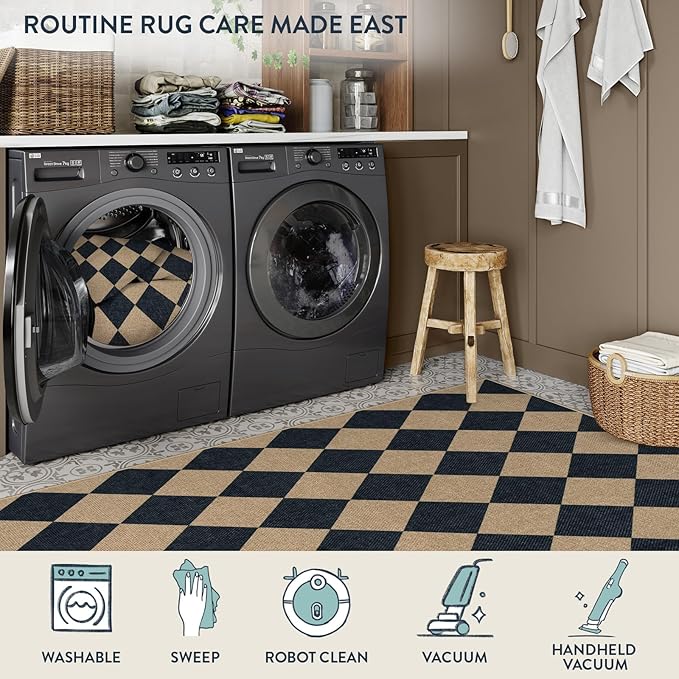 Lahome Checkered Easy Jute Non Slip Kitchen Runner, Checkerboard Indoor Outdoor