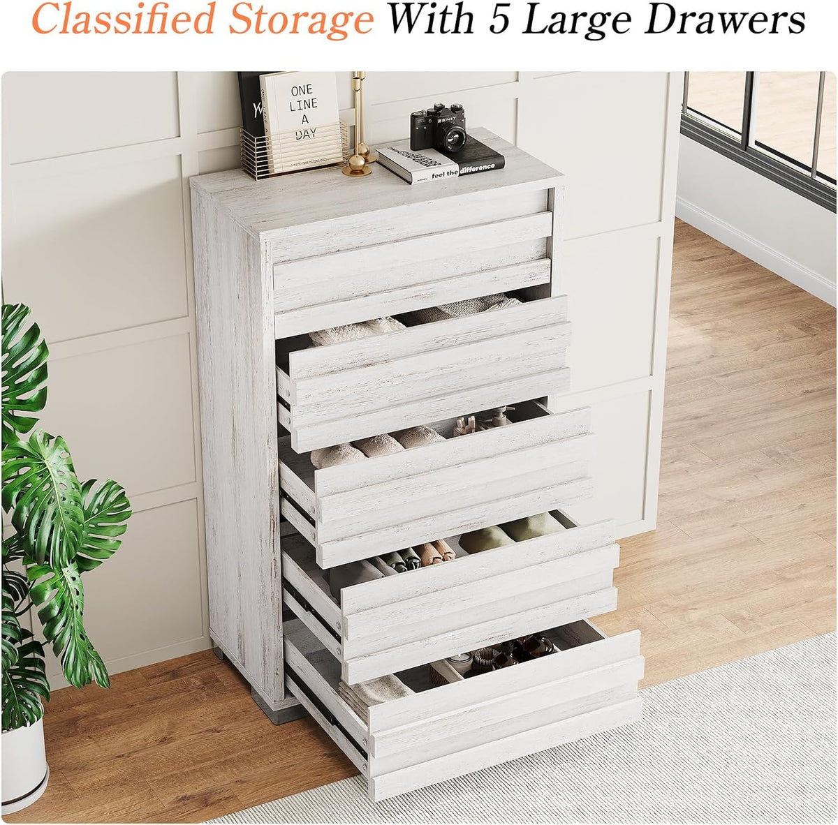 LUXOAK 47" Farmhouse 5-Drawer Dresser with Slat Handles