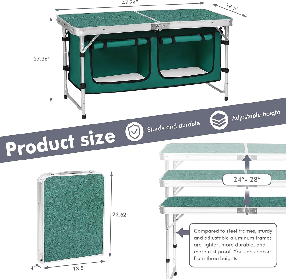 Camp Field Camping Folding Aluminum Table with Adjustable Legs for Outdoor Travel Beach, Backyards, BBQ, Party and Picnic Foldable Table