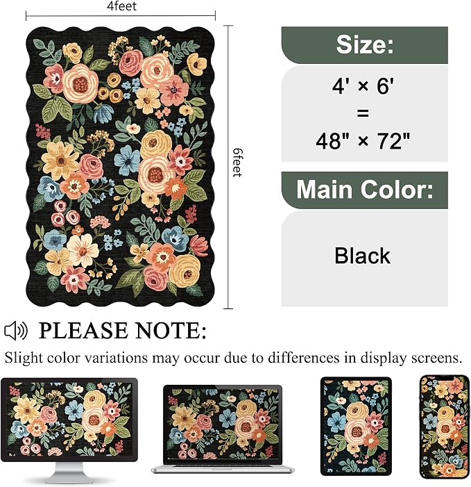 DUKINO 4x6 Area Rug, Floral Non-Slip Indoor Washable Rug