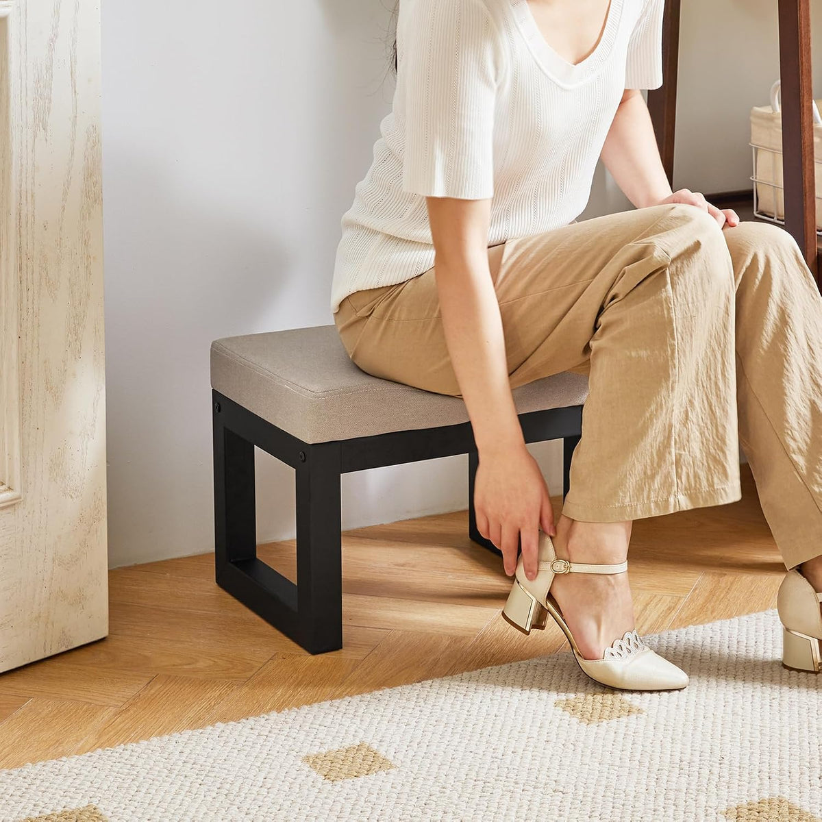IBUYKE Small Footstool Ottoman, Linen Fabric Footrest, Grey WBD001G