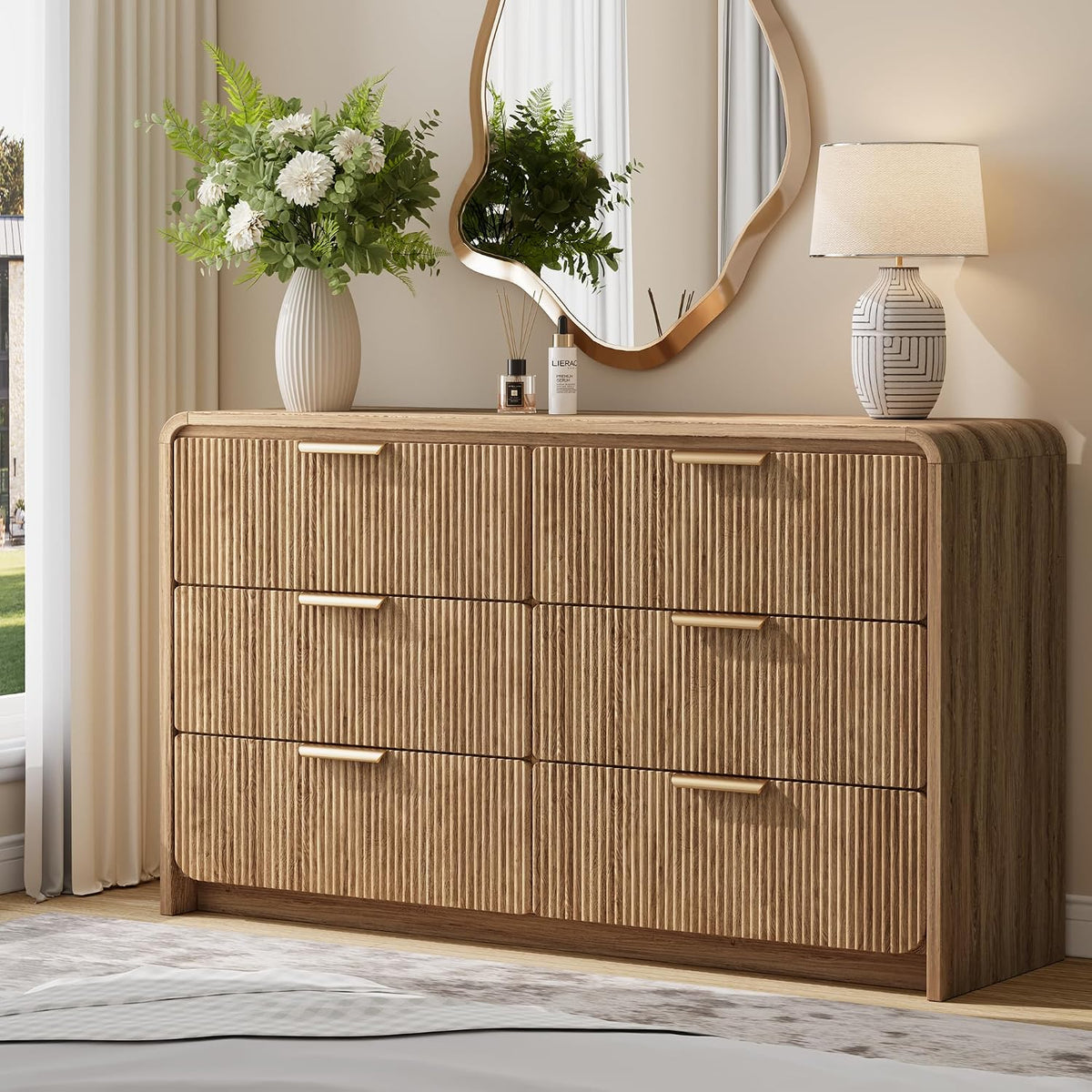 47" Fluted 6 Drawer Dresser for Bedroom, Living Room, Entryway Light Walnut