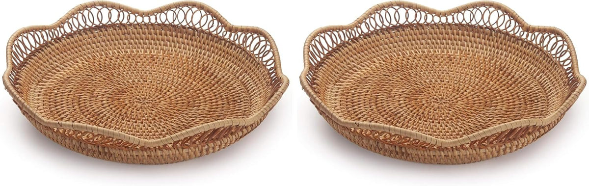 Rattan Fruit Basket for Serving Woven Bread Tray for Cake Kitchen Counter Table Natural (11.8inch D x 3.5inch H) (Pack of 2)