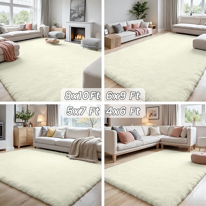 8x10 Area Rugs for Living Room Rug: Soft Fluffy Shag Cream White Rugs for