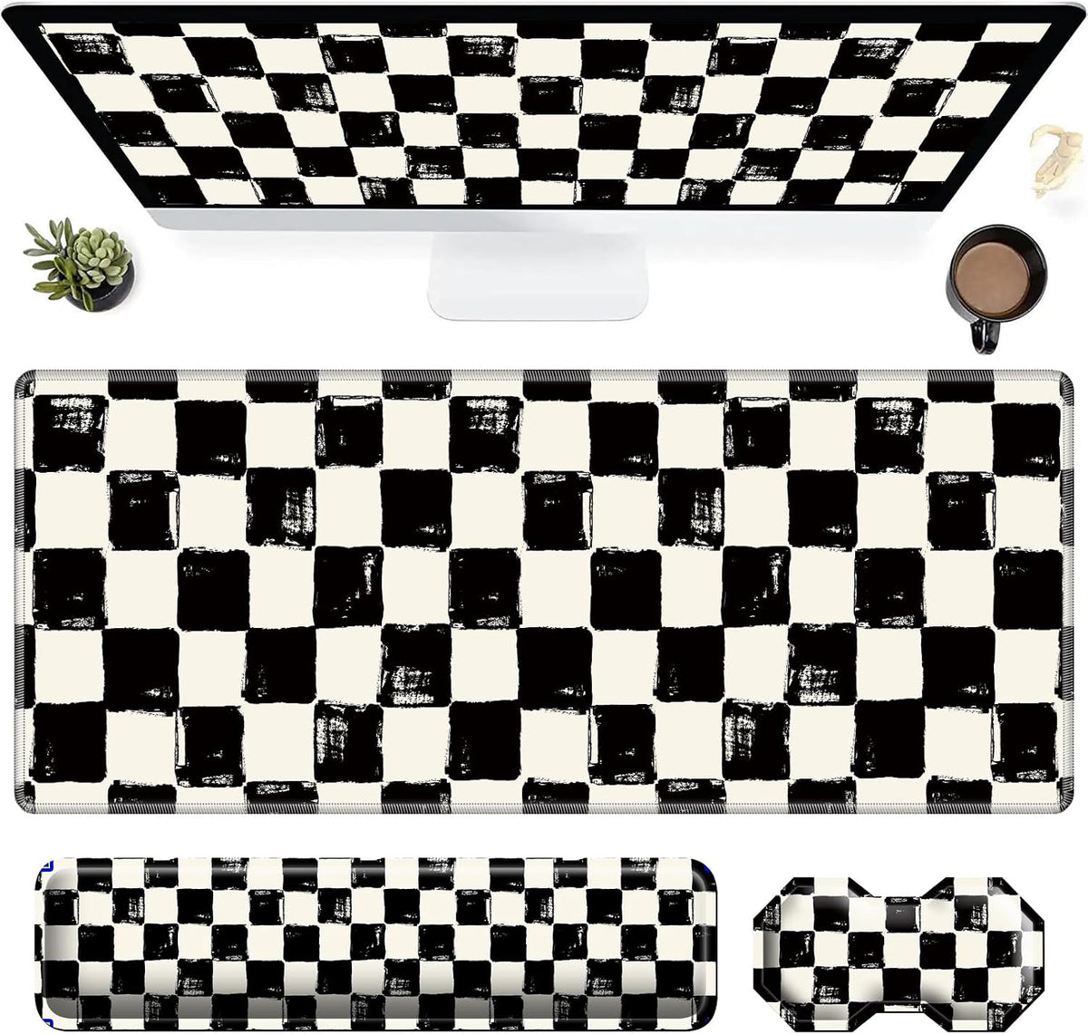 3Pcs Mouse Pad Set, Black White Checkerboard Large Gaming Mouse Pad with Stitched Edge, Ergonomic Memory Foam Keyboard Wrist Support and Mouse Wrist Rest Cushion, Pain Relief Non-Slip Desk Pad Combo