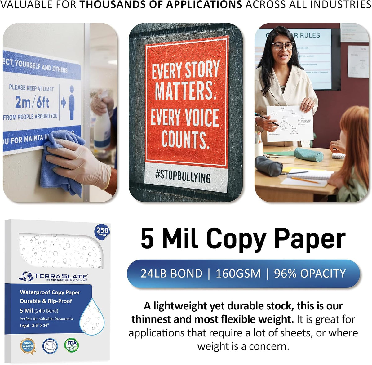 TerraSlate Waterproof Laser Printer Paper, 5 Mil 8.5" x 14", White, 250 Sheets I Rain/Weather/Rip-Proof Printing Paper