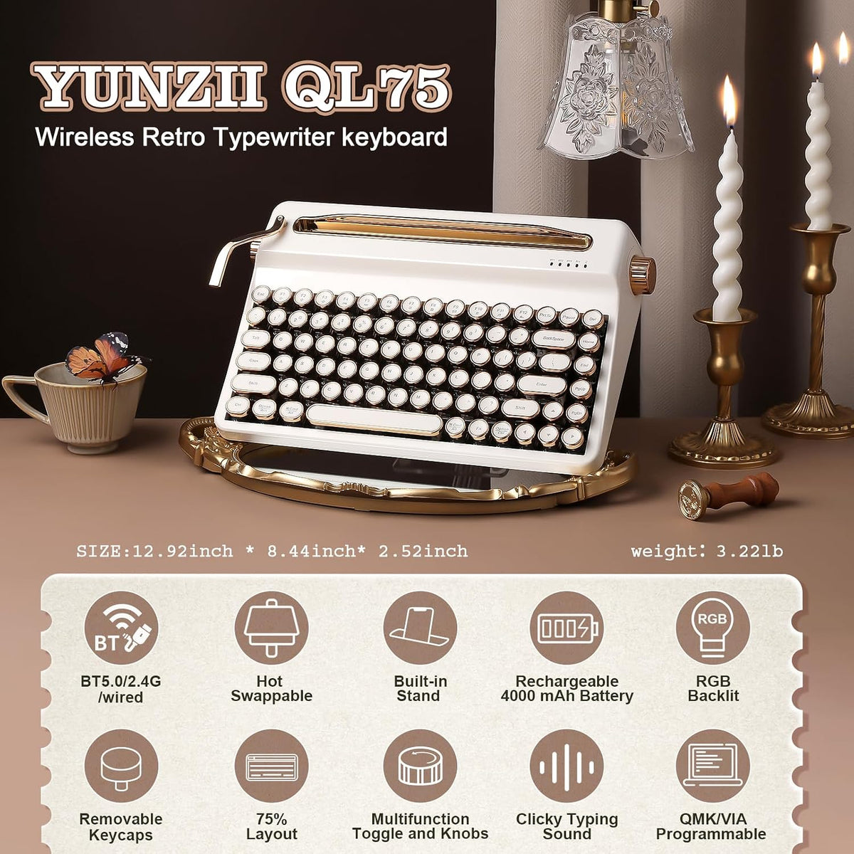 YUNZII QL75 Retro Typewriter Hot Swap RGB Keyboard (White, Onyx Switch)