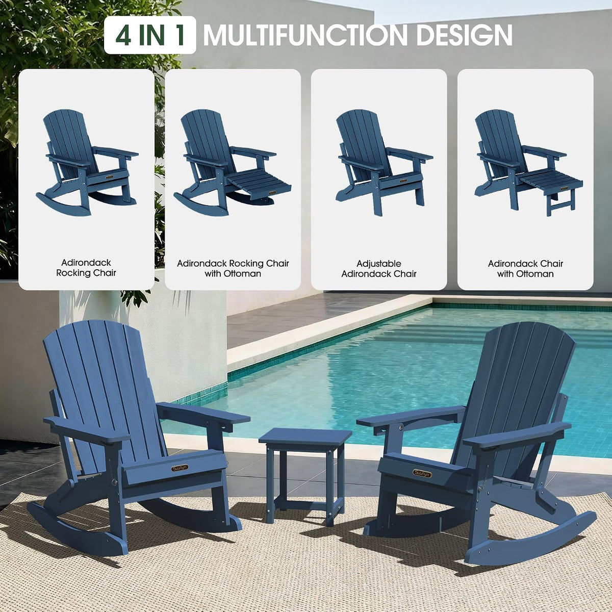 4-in-1 Rocking Adirondack Chair Set of 2, HDPE, Footrest, Navy Blue