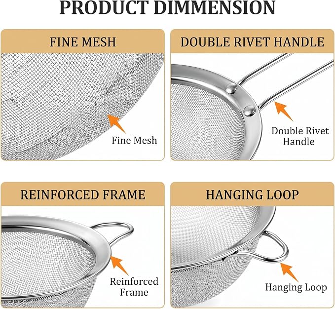4PCS Fine Mesh Strainer Set, Stainless Steel Kitchen Sieve