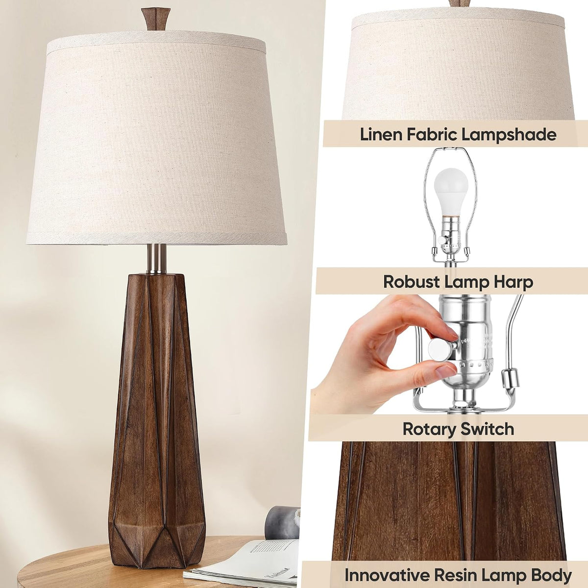 WIHTU 27" Wood Grain Resin Table Lamp Set of 2,Modern Beside Lamp for Decor