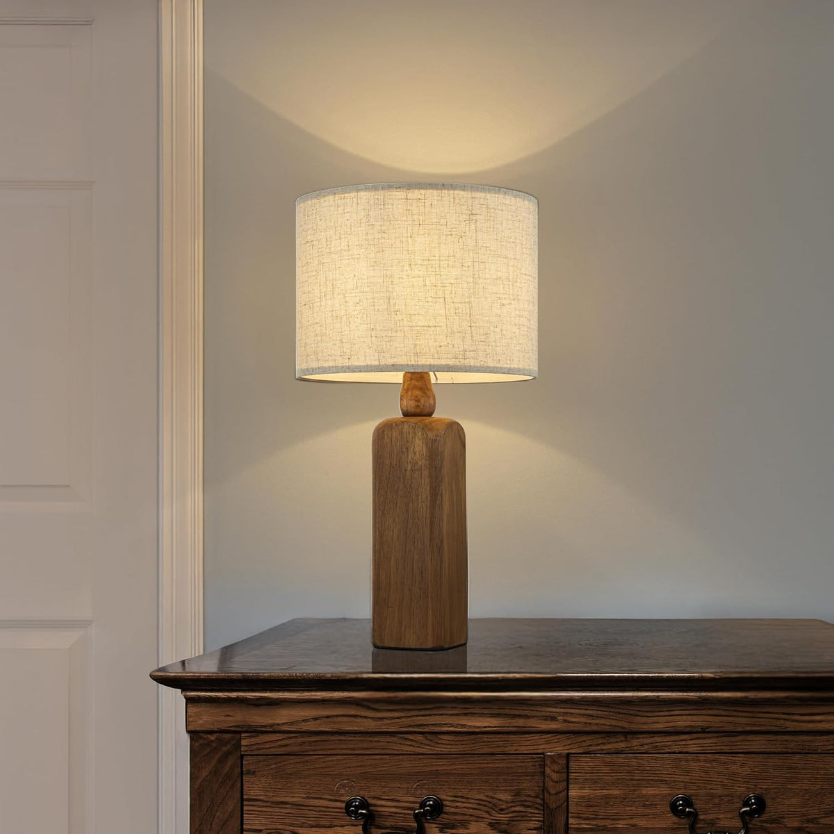 Natural Wood Table Lamp W22 inch 1-Light Bedside Desk Lamp with Beige Fabric Drum Shade Small Nightstand Lamp for Bedroom Living Room Dining Room
